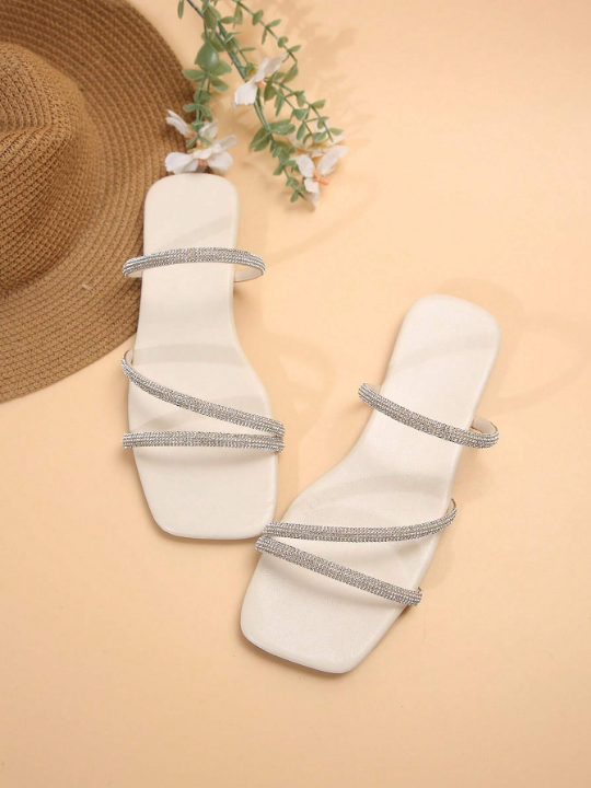 Women's Summer/Fall Fashion Square Toe Sandals With Multiple Straps & Rhinestone Decor, Casual Beige Flat Shoes