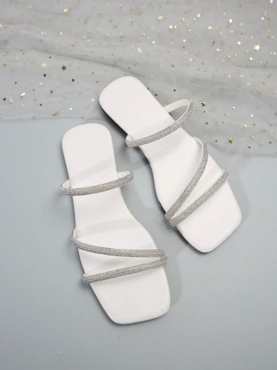 Women's Fashionable Square Toe Multi Strap Rhinestone Decor Summer & Autumn Flat Sandals