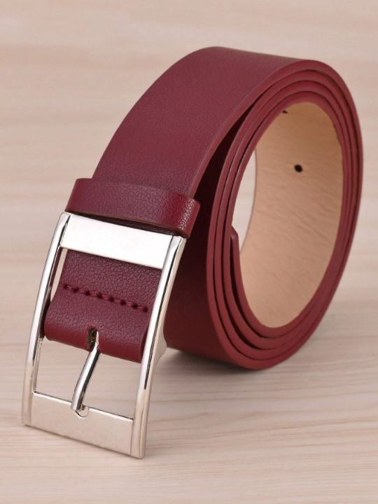 1pc Women's Wine Red Rectangle Buckle Pu Belt, Plus Size For Daily Wear With Extended Length