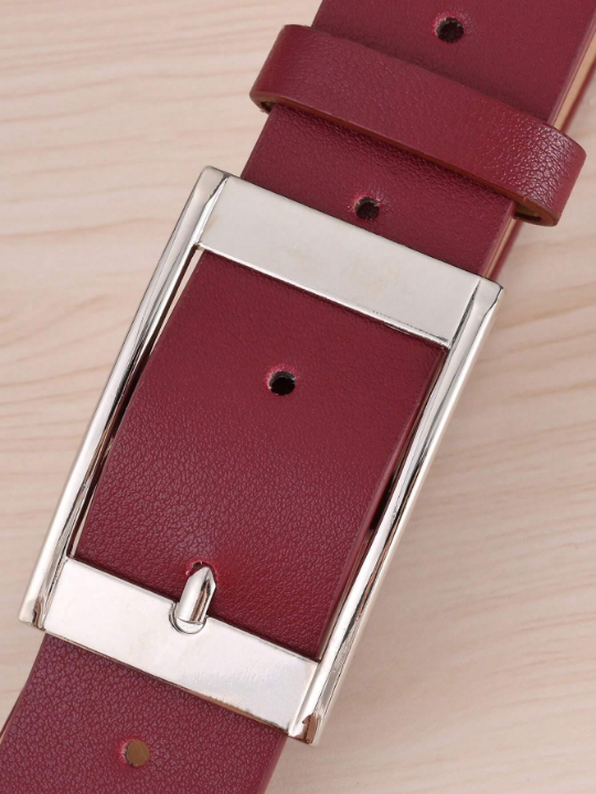 1pc Women's Wine Red Rectangle Buckle Pu Belt, Plus Size For Daily Wear With Extended Length