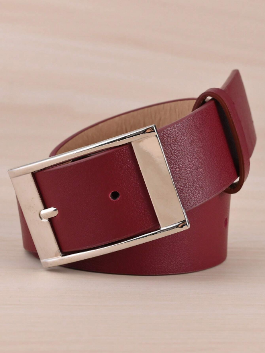 1pc Women's Wine Red Rectangle Buckle Pu Belt, Plus Size For Daily Wear With Extended Length