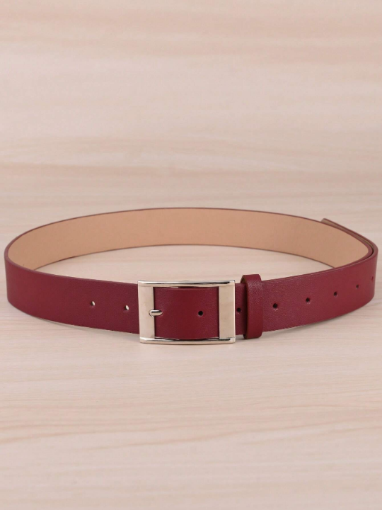 1pc Women's Wine Red Rectangle Buckle Pu Belt, Plus Size For Daily Wear With Extended Length