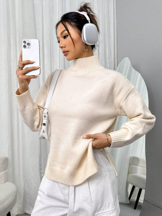 Women's Stand Collar Drop Shoulder Long Sleeve Sweater