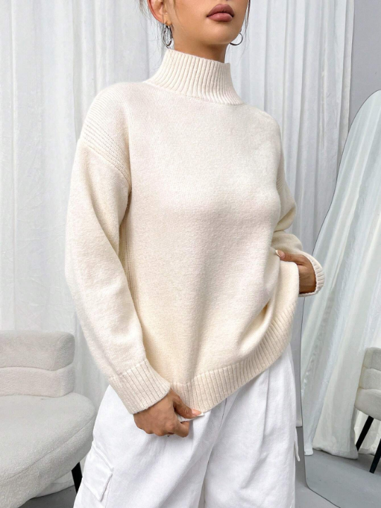 Women's Stand Collar Drop Shoulder Long Sleeve Sweater