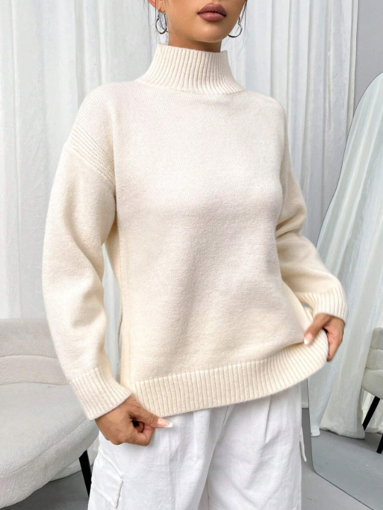 Women's Stand Collar Drop Shoulder Long Sleeve Sweater