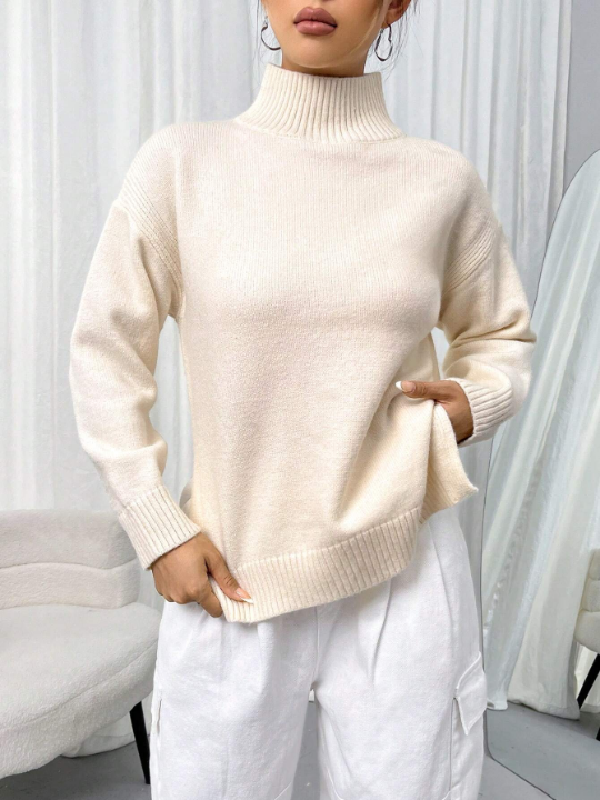 Women's Stand Collar Drop Shoulder Long Sleeve Sweater