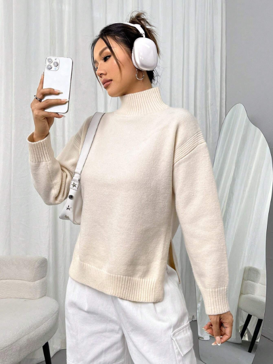 Women's Stand Collar Drop Shoulder Long Sleeve Sweater