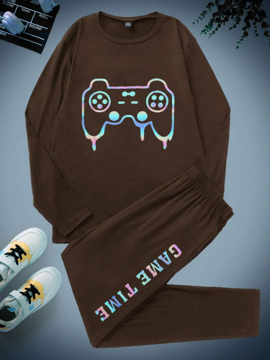 Men's Night Luminous Game Controller And Letter Print Home Outfit Set