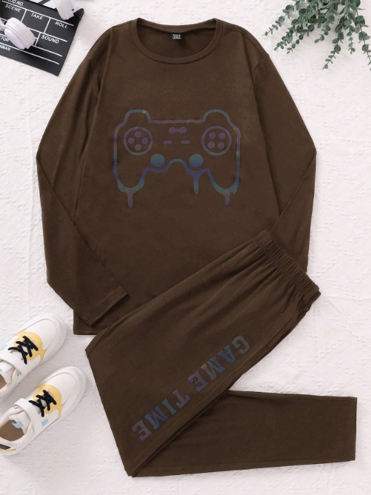 Men's Night Luminous Game Controller And Letter Print Home Outfit Set