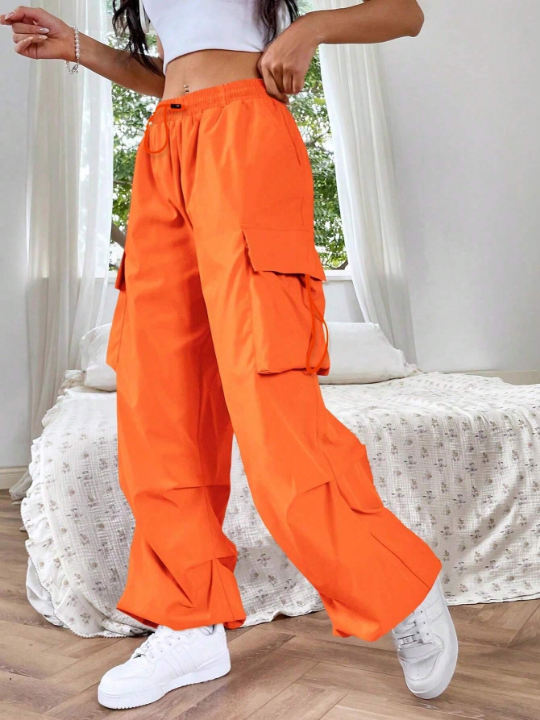 EZwear Dopamine Orange Solid Color Drawstring Cargo Pants