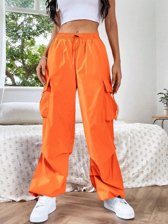 EZwear Dopamine Orange Solid Color Drawstring Cargo Pants