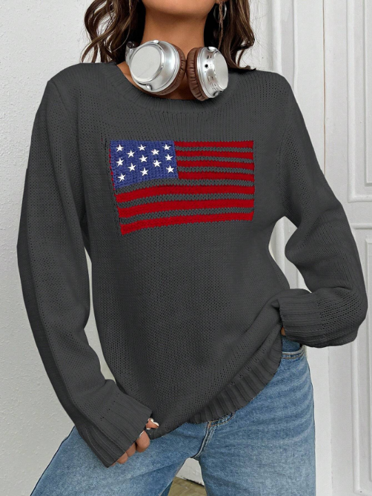 EZwear Women's Round Neck American Flag Sweater