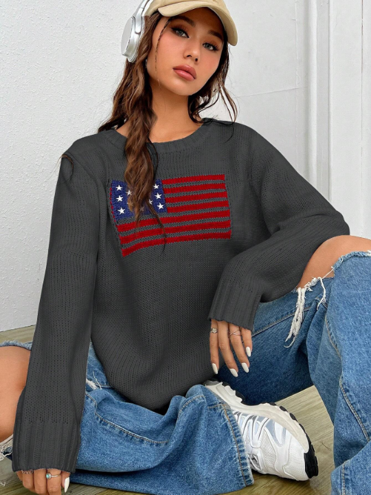 EZwear Women's Round Neck American Flag Sweater