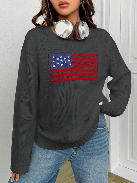 EZwear Women's Round Neck American Flag Sweater