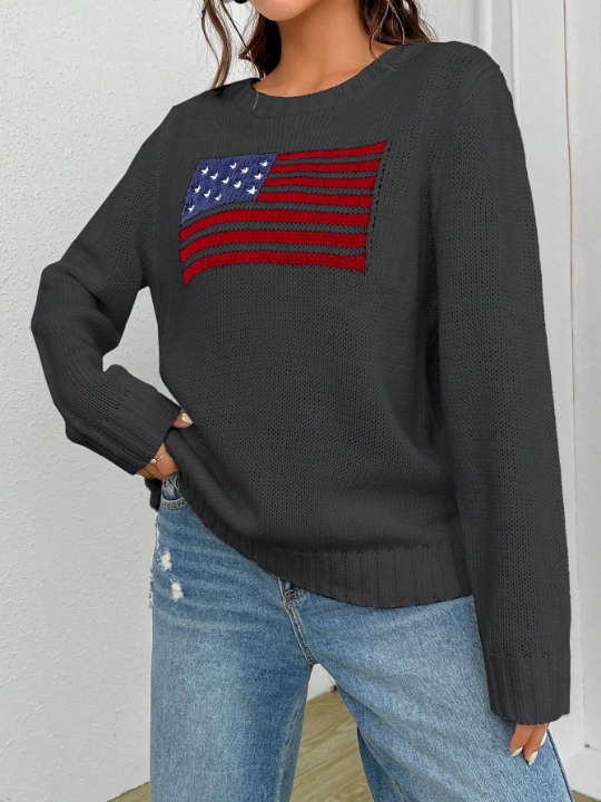 EZwear Women's Round Neck American Flag Sweater