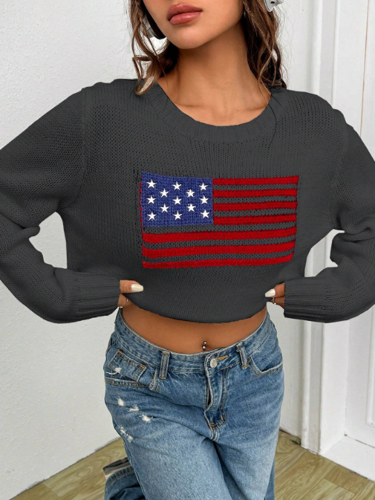 EZwear Women's Round Neck American Flag Sweater