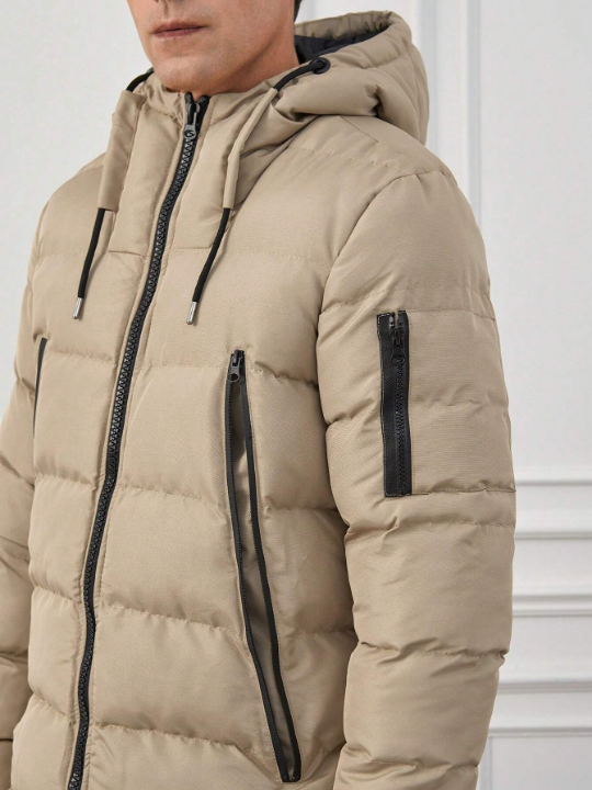 Men Zip Up Drawstring Hooded Puffer Coat