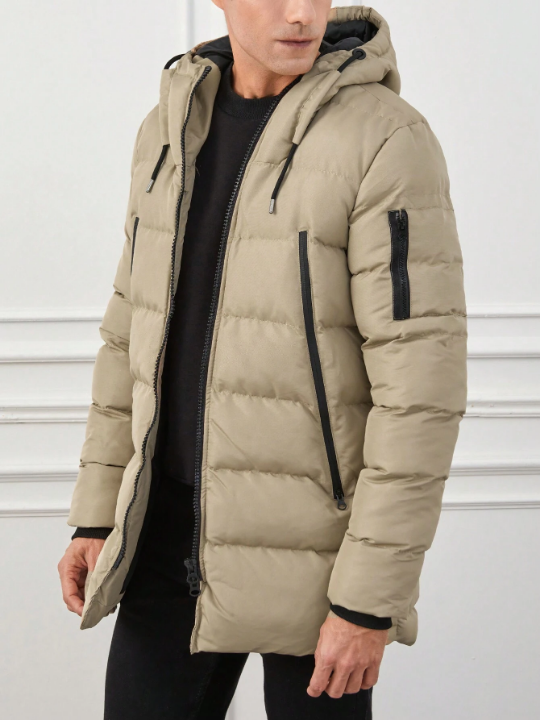 Men Zip Up Drawstring Hooded Puffer Coat