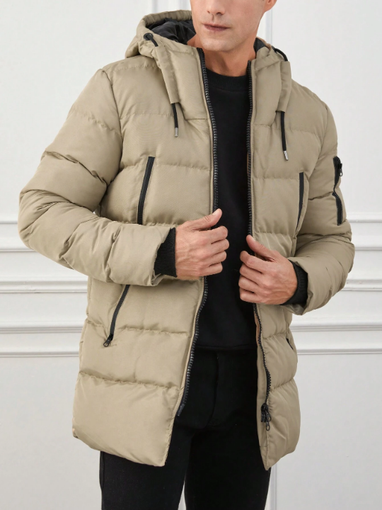 Men Zip Up Drawstring Hooded Puffer Coat