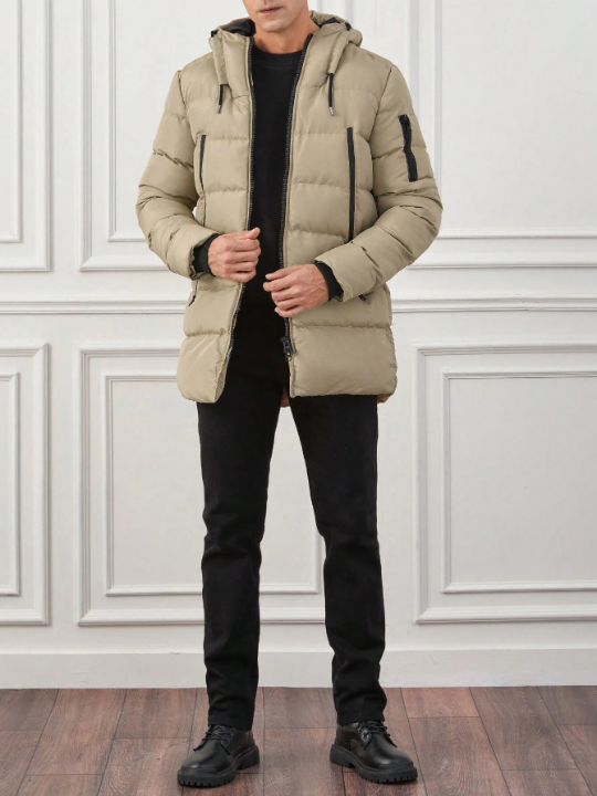 Men Zip Up Drawstring Hooded Puffer Coat