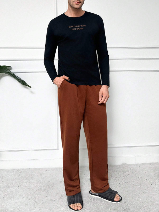 Cottnline Men's Slogan Print T-Shirt And Solid Color Long Pants Home Clothing Set