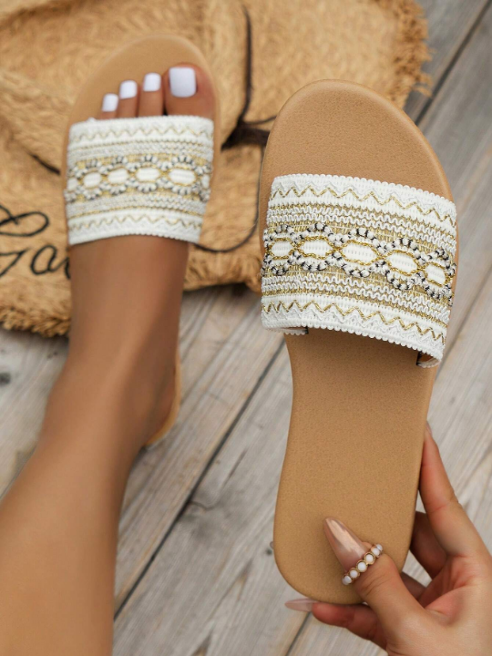 White Embroidered Flat Sandals For Women, Style, Suitable For Parties And Beach