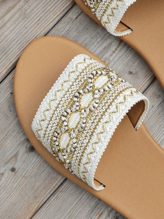 White Embroidered Flat Sandals For Women, Style, Suitable For Parties And Beach