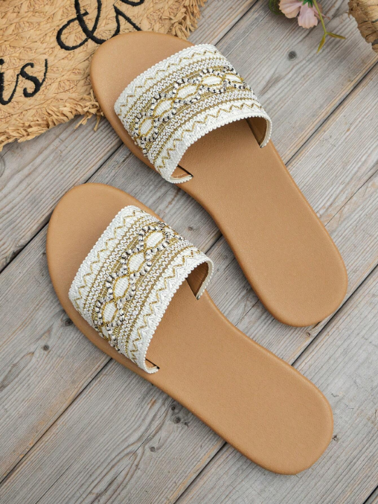 White Embroidered Flat Sandals For Women, Style, Suitable For Parties And Beach