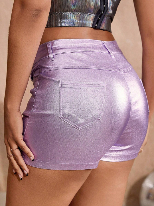 Apperloth A Rave Punk Metallic High Waist Stretchy Slant Pocket PU Leather Causal Skinny Mini Shorts