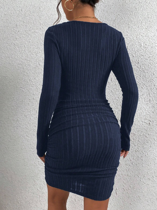 Frenchy Plain Ribbed Knit Long Sleeve Dress With Sweetheart Neckline