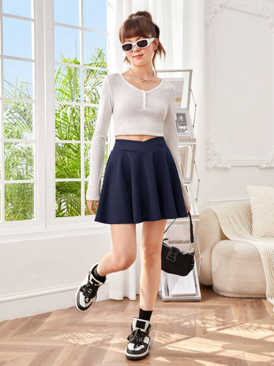 Teen Girls' Knitted Solid Color V-Shaped High Waist Casual Skirt