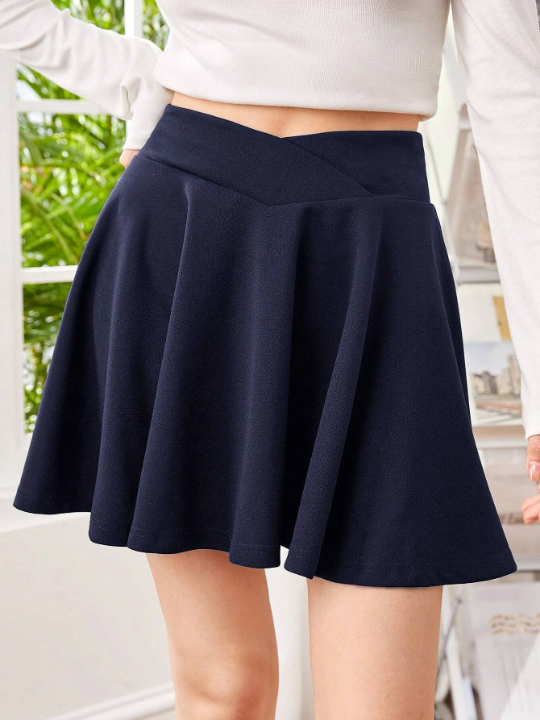 Teen Girls' Knitted Solid Color V-Shaped High Waist Casual Skirt