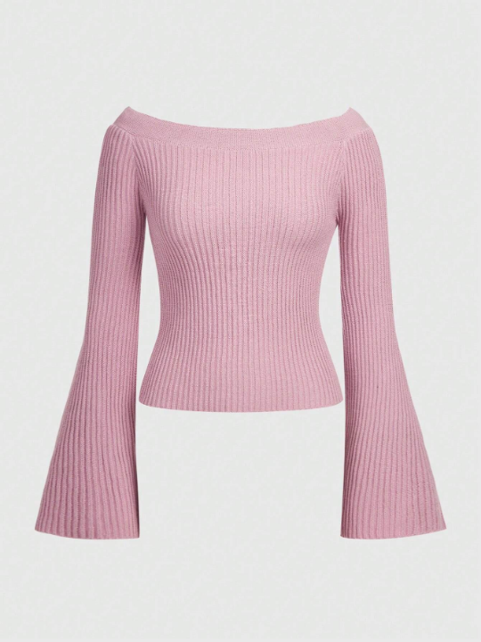 ROMWE Kawaii Basic Solid Color Flared Sleeves Off-Shoulder Pink Skinny Ladies' Sweater