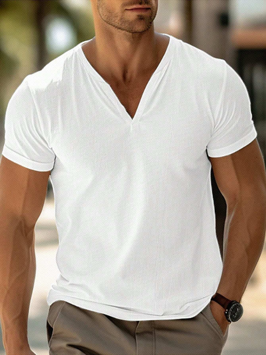 Manfinity Homme Men's Solid Color Short Sleeve Notch-neck Tee