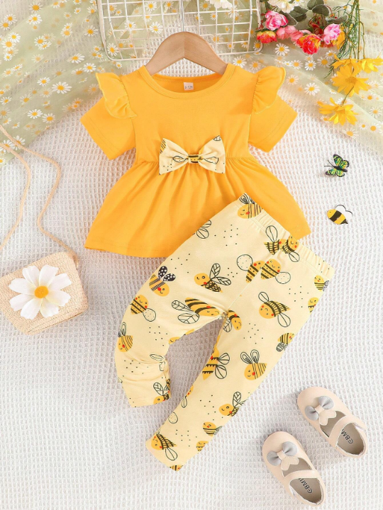 Baby Girls' Short Sleeve Top With Ruffles, Bow & Bee Print Long Pants Casual Set For Summer