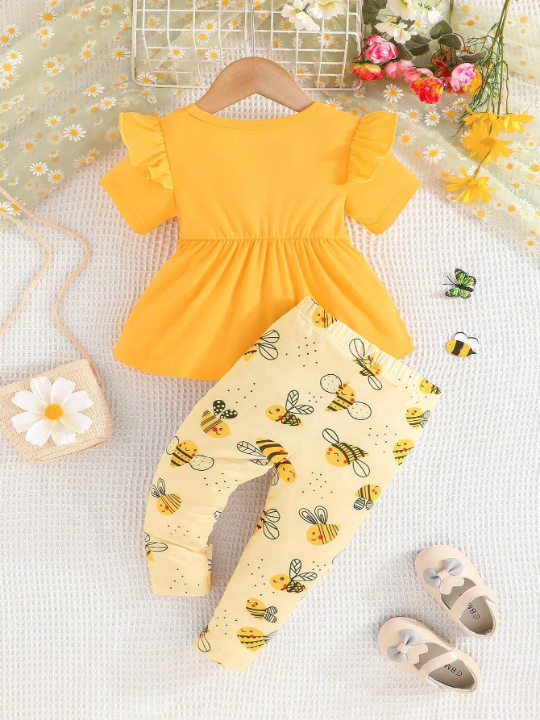 Baby Girls' Short Sleeve Top With Ruffles, Bow & Bee Print Long Pants Casual Set For Summer