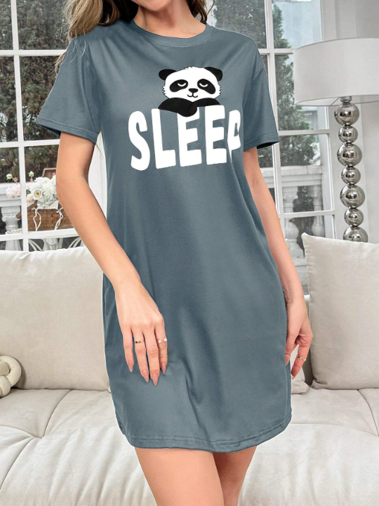 Cartoon Panda & Letter Printed Nightgown