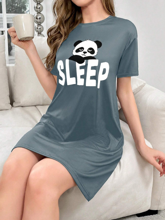 Cartoon Panda & Letter Printed Nightgown