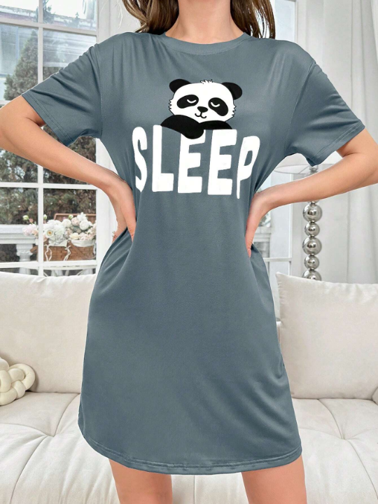 Cartoon Panda & Letter Printed Nightgown