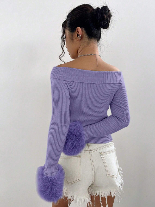 ICON Women's Fuzzy Off Shoulder Sweater With Patched Sleeves