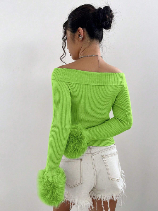 ICON Women's Fuzzy Sleeve Cuff Off-Shoulder Sweater