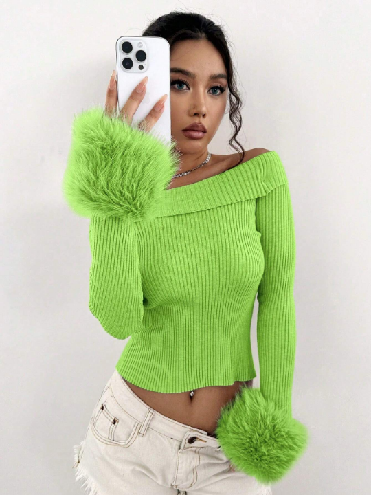 ICON Women's Fuzzy Sleeve Cuff Off-Shoulder Sweater