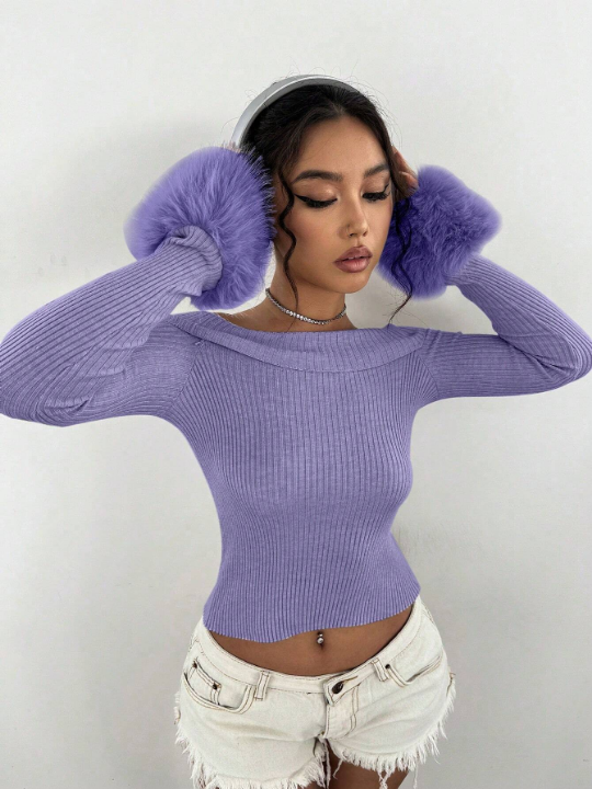 ICON Women's Fuzzy Off Shoulder Sweater With Patched Sleeves