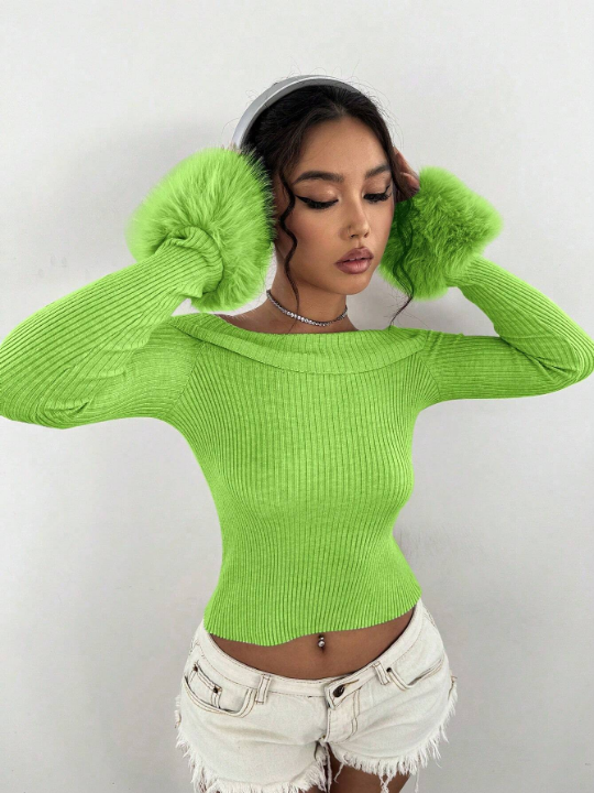 ICON Women's Fuzzy Sleeve Cuff Off-Shoulder Sweater