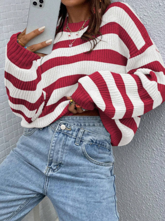 Essnce Striped Oversized Sweater With Drop Shoulder Design