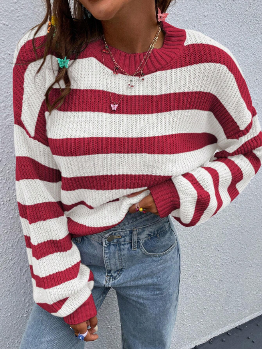 Essnce Striped Oversized Sweater With Drop Shoulder Design