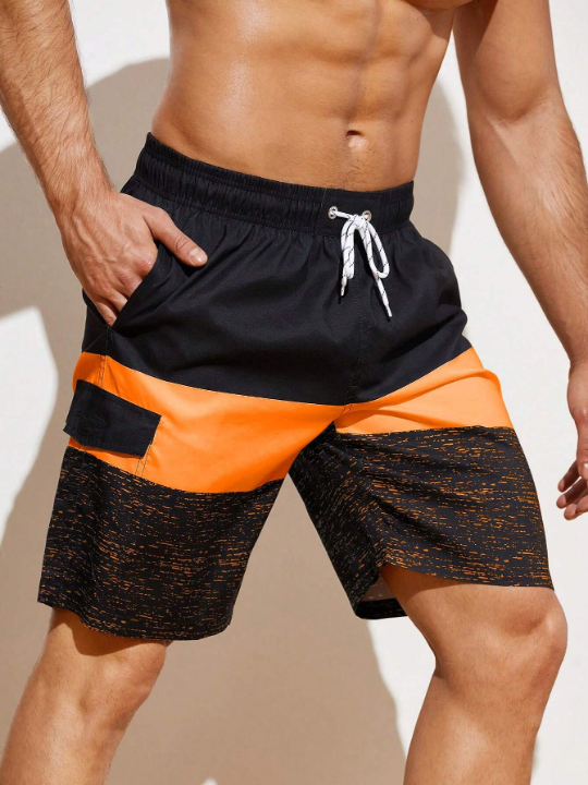 Manfinity Swimmode Men's Drawstring Waist Beach Shorts With Slanted Pockets