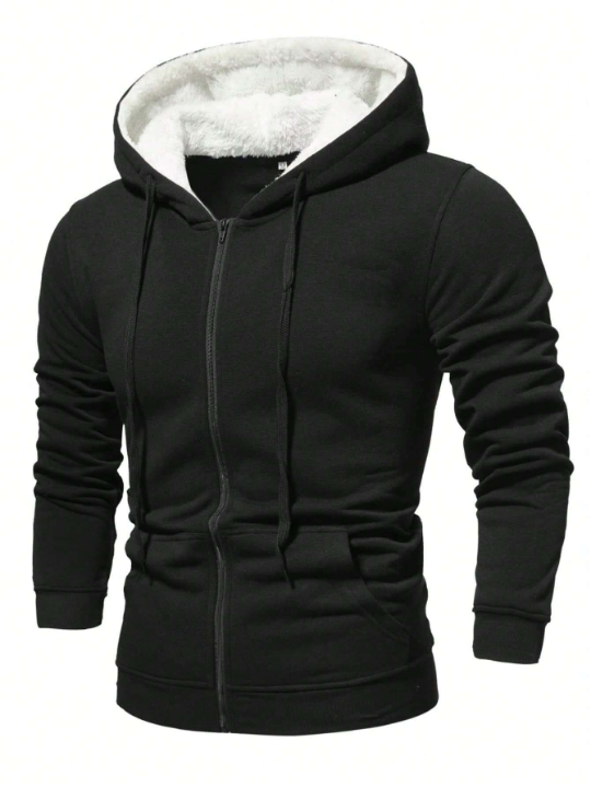 Manfinity Basics Men Kangaroo Pocket Zip Up Drawstring Thermal Hoodie