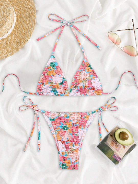 Floral Print Halter Triangle Tie Side Bikini Swimsuit