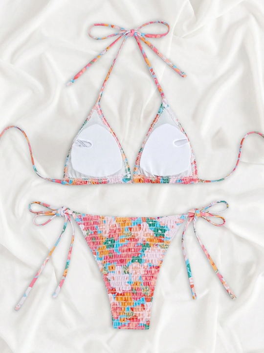 Floral Print Halter Triangle Tie Side Bikini Swimsuit